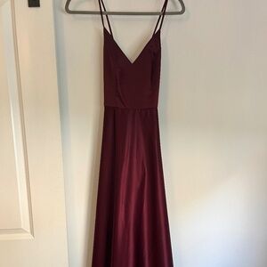 David's Bridal Spaghetti Strap Satin A-line Long Dress in Wine